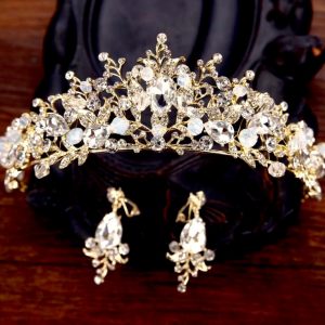 Gold Floral Crystal Bead Crown Earring Set